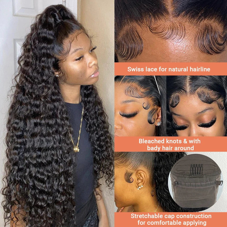 250% Density 40-Inch Deep Wave 13x6 HD Lace Front Wig, Brazilian Human Hair for Women